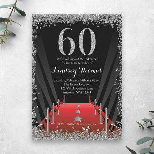 Red Carpet Hollywood Silver Glitter 60th Birthday Invitation