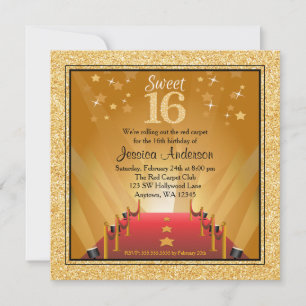 Red Carpet Hollywood Star Gold Sweet 16 Birthday Invitation