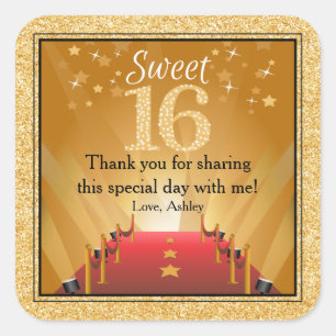 Red Carpet Hollywood Star Gold Sweet 16 Favour Square Sticker