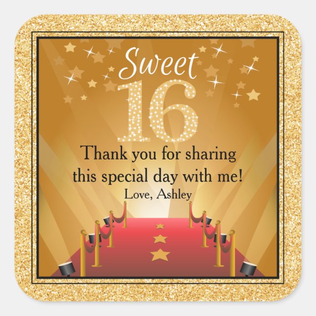 Red Carpet Hollywood Star Gold Sweet 16 Favour Square Sticker (Front)
