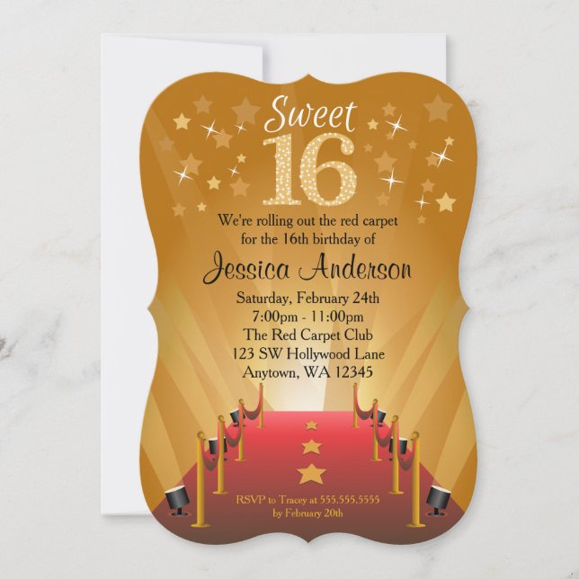 Red Carpet Hollywood Star Sweet 16 Birthday Invitation (Front)