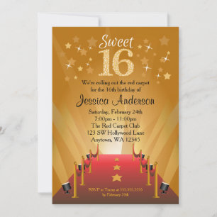 Red Carpet Hollywood Star Sweet 16 Birthday Invitation