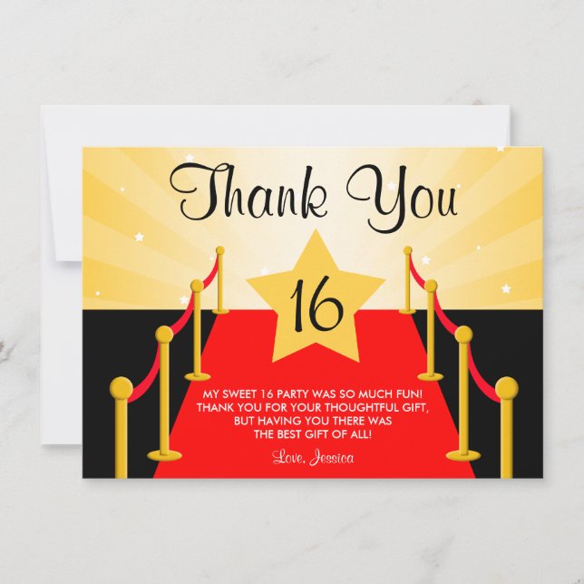 Red Carpet Hollywood Sweet 16 Thank You Card (Front)