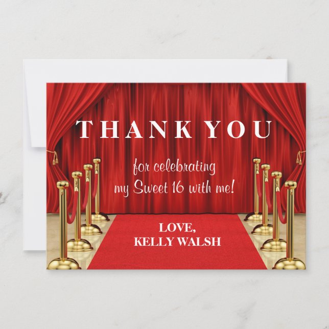 Red Carpet Hollywood Sweet 16 Thank You Note (Front)