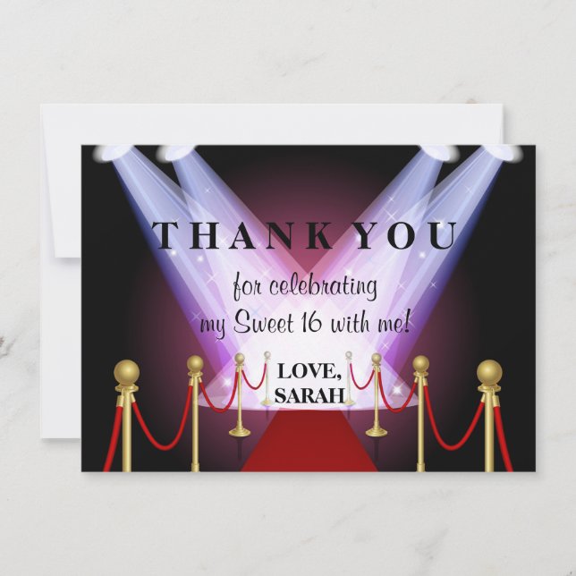 Red Carpet Hollywood Sweet 16 Thank You Note (Front)