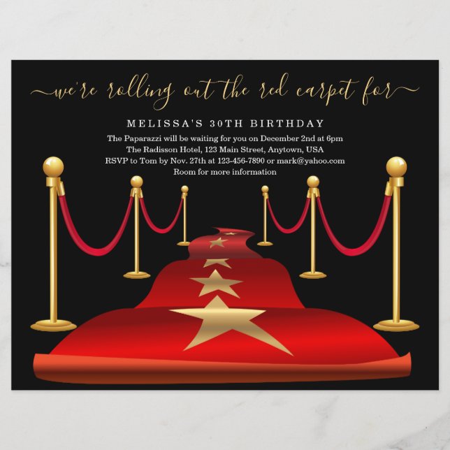 Red Carpet Themed Party with Faux Gold Foil Flyer (Front)
