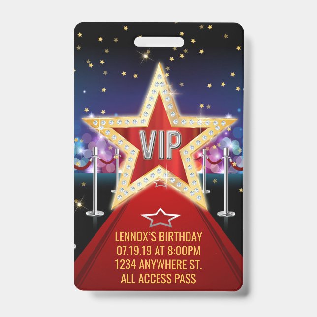Red Carpet VIP Pass Birthday Badge Invitation ID Badge (Front)