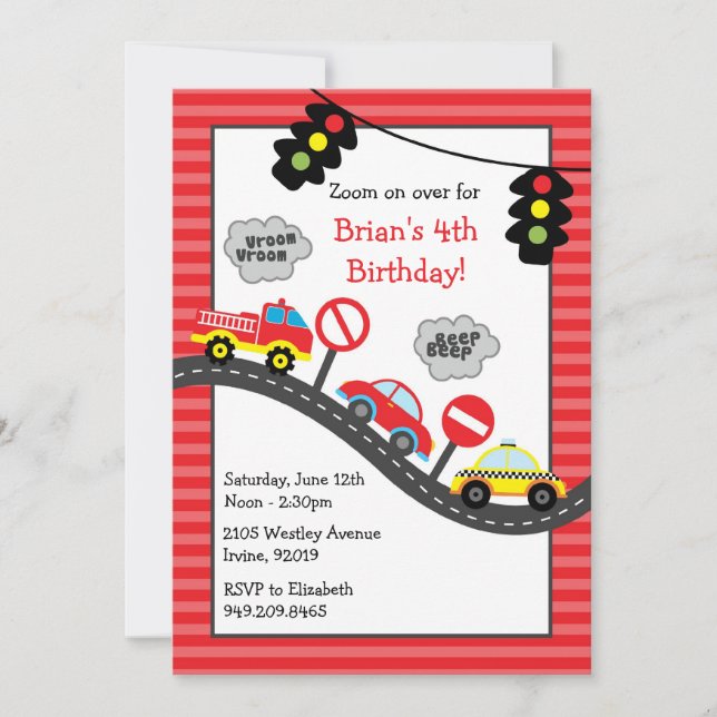 Red Cars Birthday Party Invitation (Front)