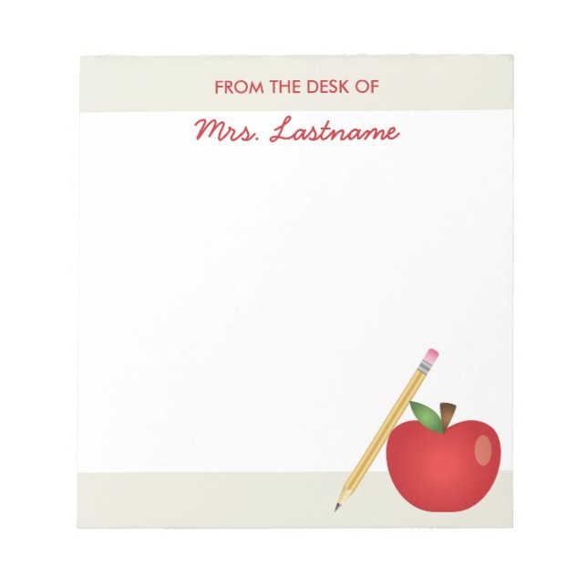 Red Cartoon Apple And Yellow Pencil & Custom Name Notepad (Front)