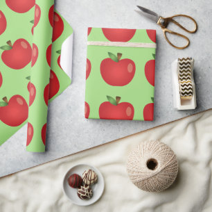 Red Cartoon Apple On Green Wrapping Paper