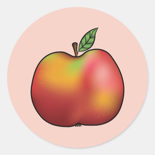 Red Cartoon Apple On Pink Classic Round Sticker (Front)