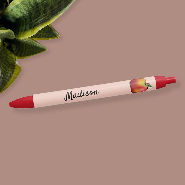 Red Cartoon Apple On Pink With Custom Text Black Ink Pen (Creator Uploaded)