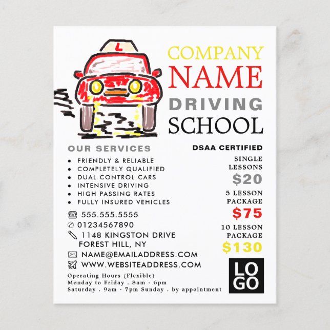 Red Cartoon Car, Driving School, Instructor Advert Flyer (Front)