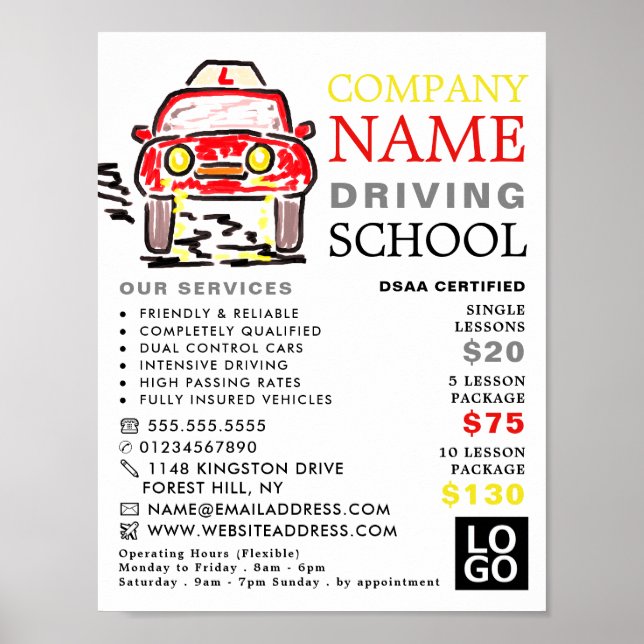 Red Cartoon Car, Driving School, Instructor Advert Poster (Front)