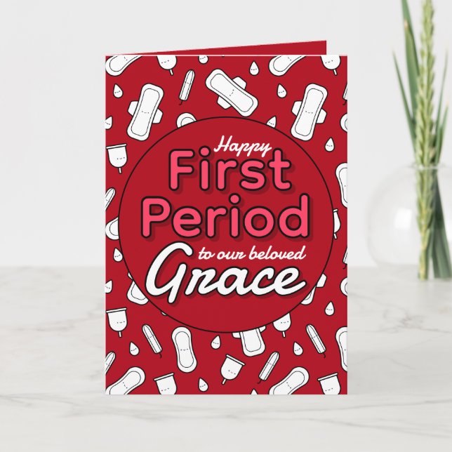 Red Cartoon Pad Tampon Teen Girl First Period Card (Front)