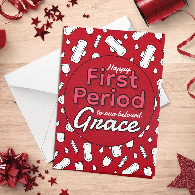Red Cartoon Pad Tampon Teen Girl First Period Card (Red Cartoon Pad Tampon Teen Girl First Period Card)