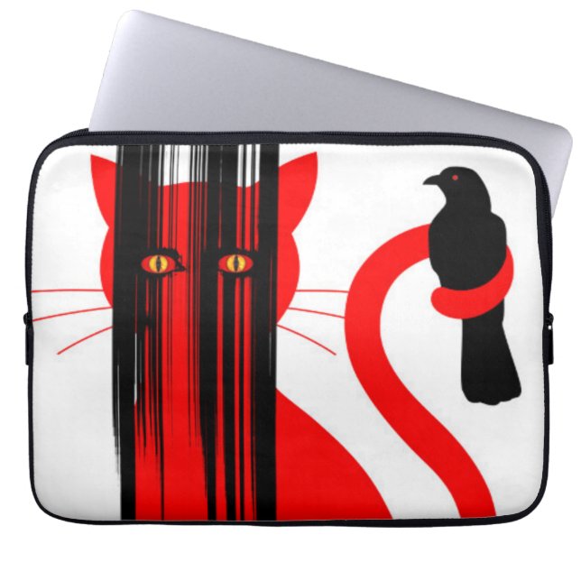 Red cat and a black bird illustration laptop sleeve (Front)
