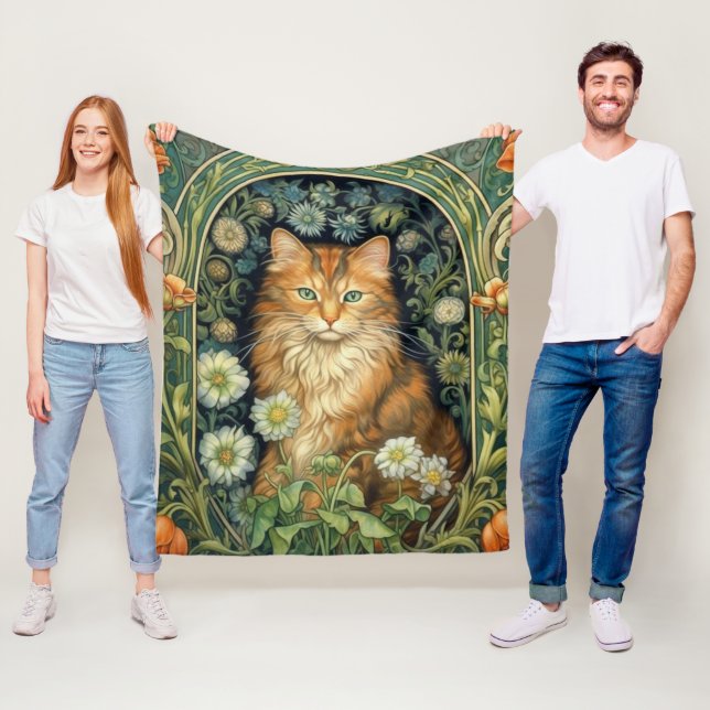 Red cat in the garden art nouveau fleece blanket (In Situ)