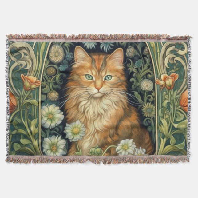 Red cat in the garden art nouveau throw blanket (Front)