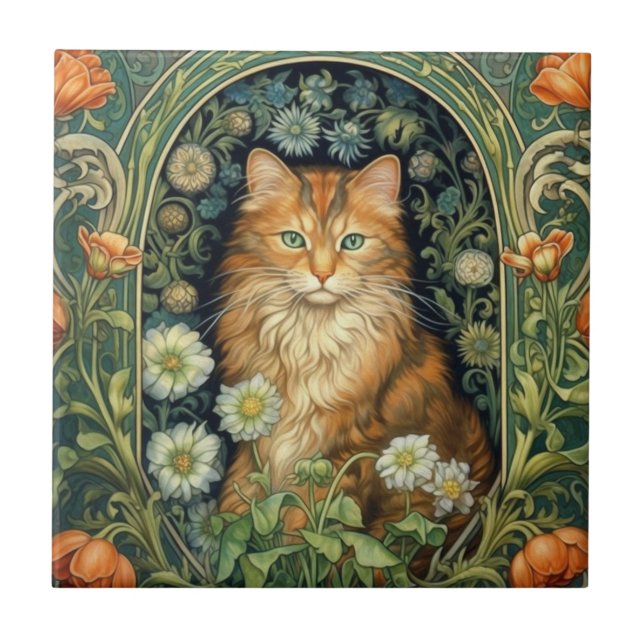 Red cat in the garden art nouveau  tile (Front)