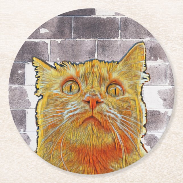 Red Cat in Trouble. Round Paper Coaster (Front)