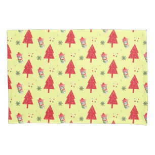 Red cat Santa Xmas tree Seamless pattern Pillowcase