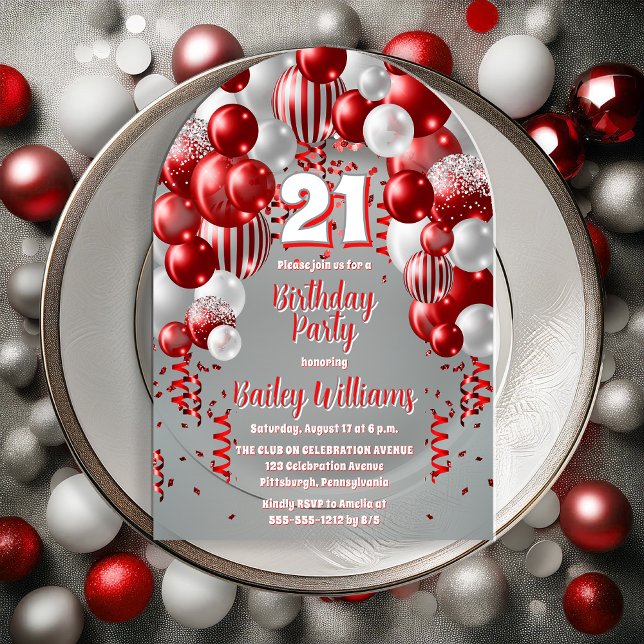 Red Celebration Balloons 21st Birthday Party Acrylic Invitations (Red | Silver Tone | White Celebration Balloons "21" 21st Birthday Party Acrylic Invitation)
