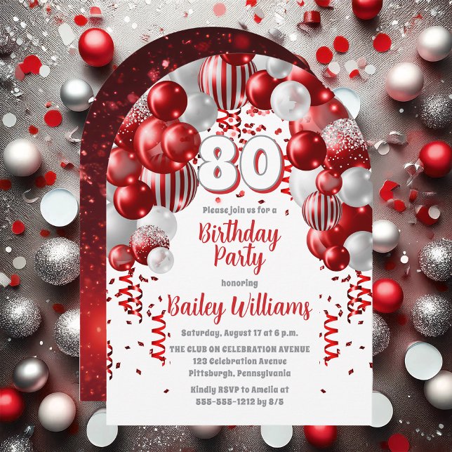Red Celebration Balloons 80th Birthday Party Invitation (Red, Silver Tone and White  Celebration Balloons "80" 80th Birthday Party Invitation - Print | Digi)