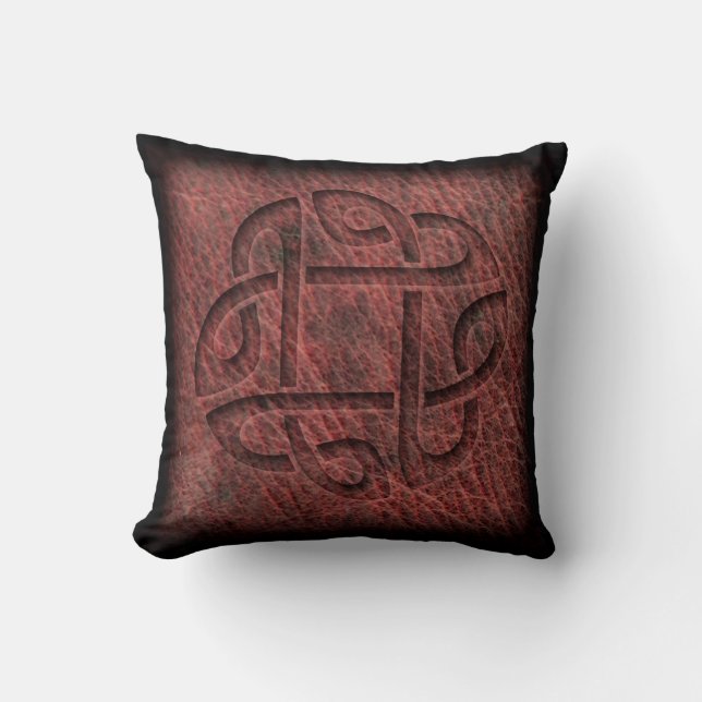 Red celtic knot embossed on leather cushion (Front)