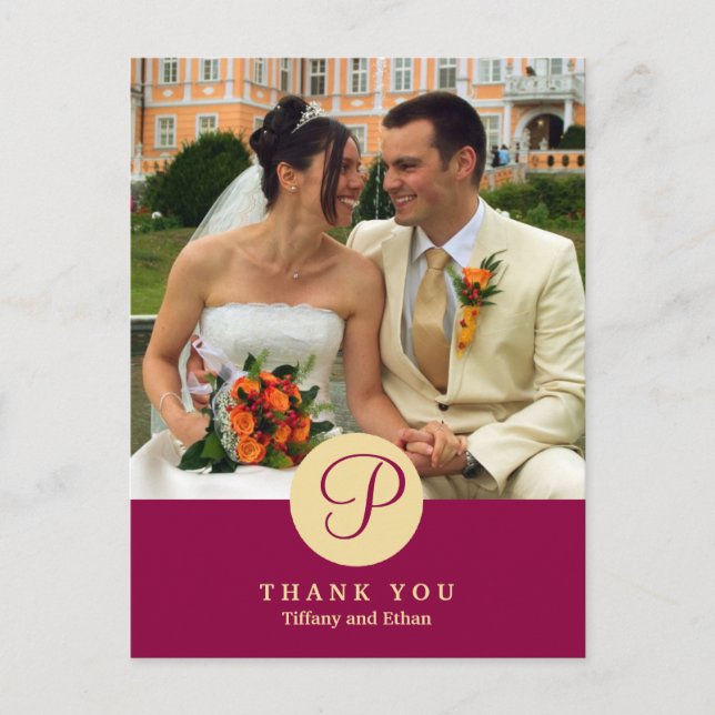 Red centre classic monogram photo thank you note postcard (Front)