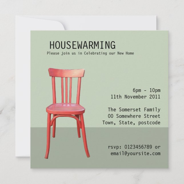 Red Chair green Housewarming Invitation (Front)