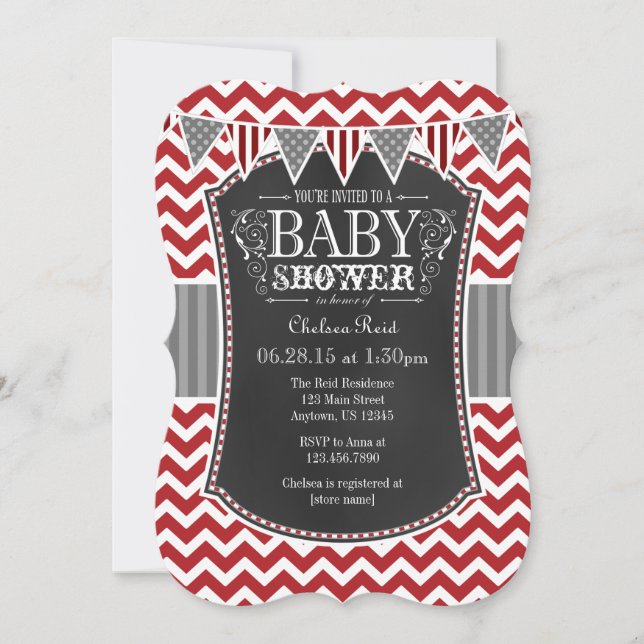 Red Chalkboard Chevron Baby Shower Invite (Front)