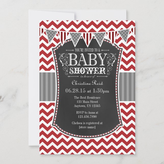 Red Chalkboard Chevron Baby Shower Invite (Front)