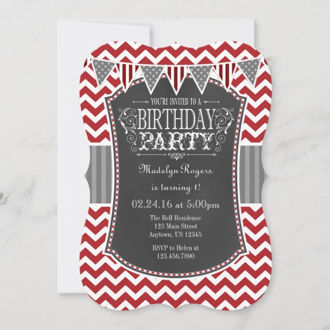 Red Chalkboard Chevron Birthday Invite (Front)