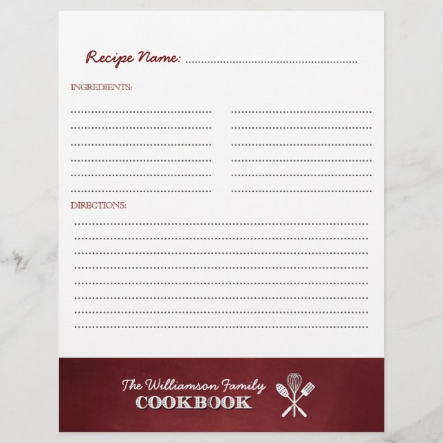 Red Chalkboard Family Cookbook Binder Insert (Front)