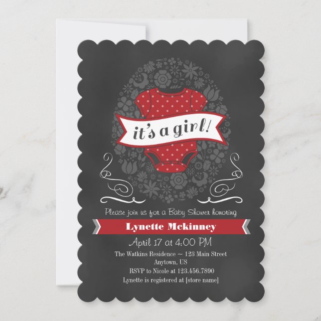 Red Chalkboard Girl Baby Shower Invite (Front)