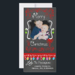 Red Chalkboard Merry Christmas Holiday Photo Card<br><div class="desc">Merry Christmas holiday photo cards with a chalkboard look background, lots of red swirls and text that reads Merry Christmas, a string of colourful tree lights in various colours, red and green hanging ornaments, and areas you can customise these beautiful and bright holiday photo cards with your photo and names!...</div>