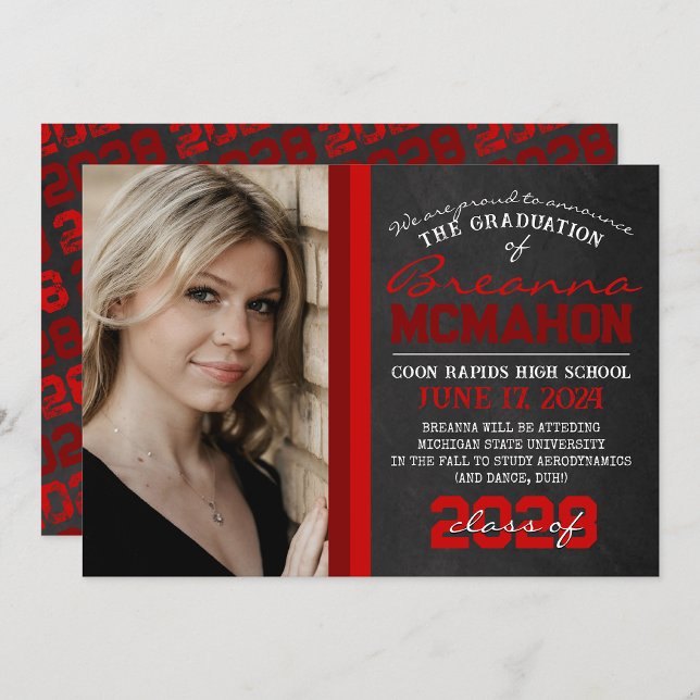 Red Chalkboard Photo Graduation Announcement ( Repeating Class Year 1 & 2 Photo Graduation Invitations & Announcements)
