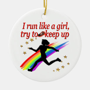 RED CHAMPION GIRL TRACK AND FIELD DESIGN CERAMIC TREE DECORATION