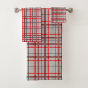 Red & Charcoal Plaid Stripes on Grey Madras Plaid Bath Towel Set
