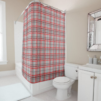 Red & Charcoal Plaid Stripes on Grey Madras Plaid Shower Curtain