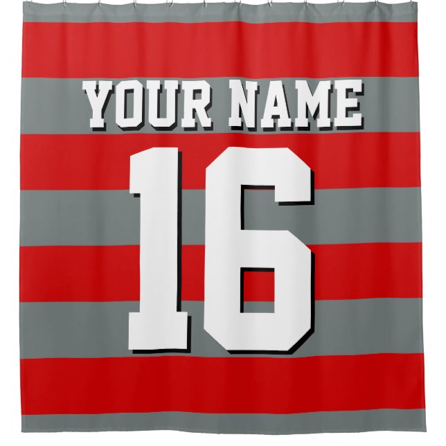 Red Charcoal Sports Jersey Preppy Stripe Shower Curtain (Front)