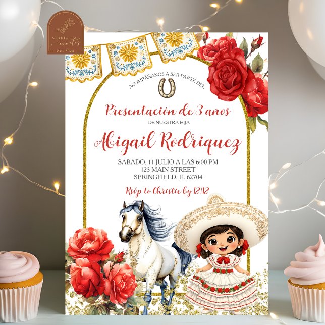 Red Charra Rose Girl Presentacion de 3 anos Invita Invitation (Creator Uploaded)