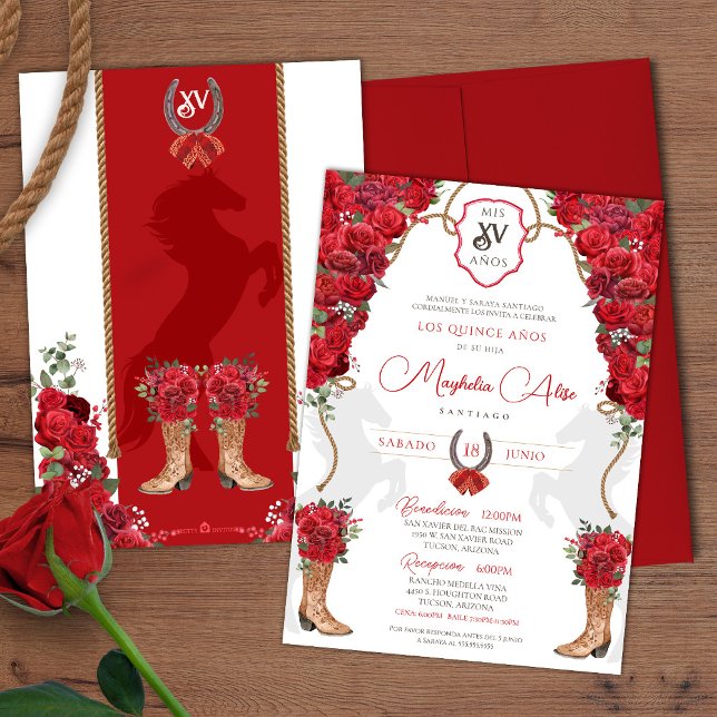 Red Charro Country Western Ranch Style Quinceañera Invitation (Creator Uploaded)