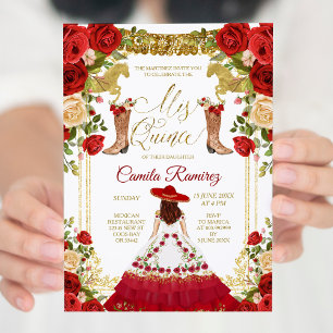 Red Charro Dress & Mexican Boots Girl Sweet 15th Invitation