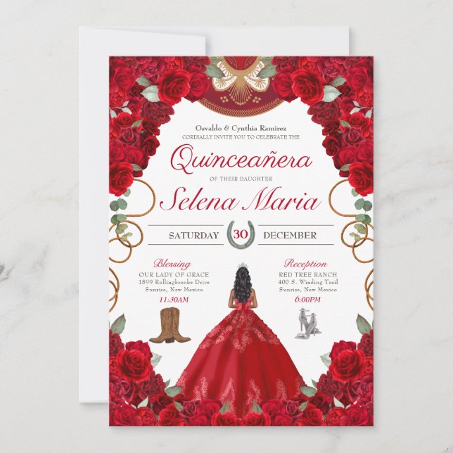 Red Charro Elegant Roses Quinceanera Invitation (Front)