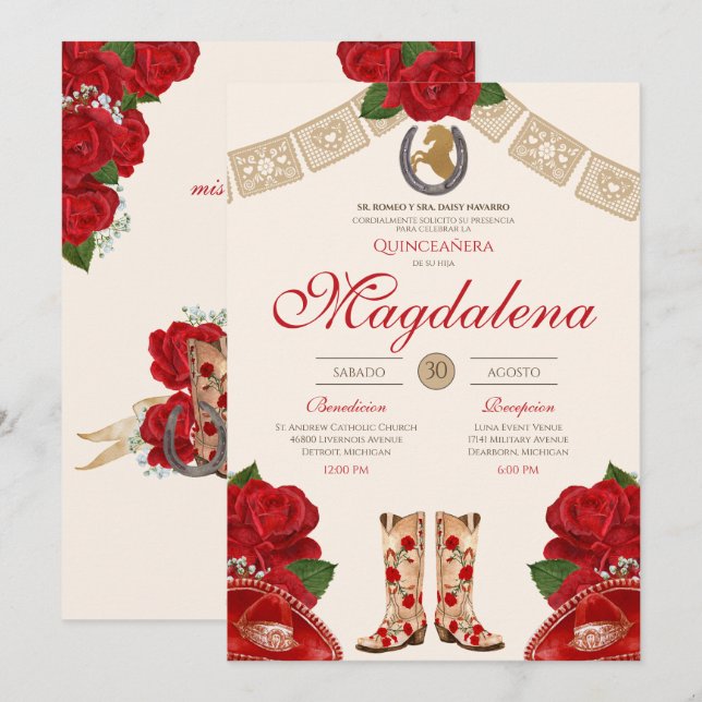 Red Charro Mariachi Western Rose Quinceanera  Invitation (Front/Back)