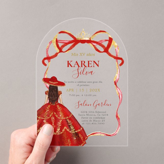 Red Charro Quinceanera Acrylic Invitation (Insitu (Handheld))
