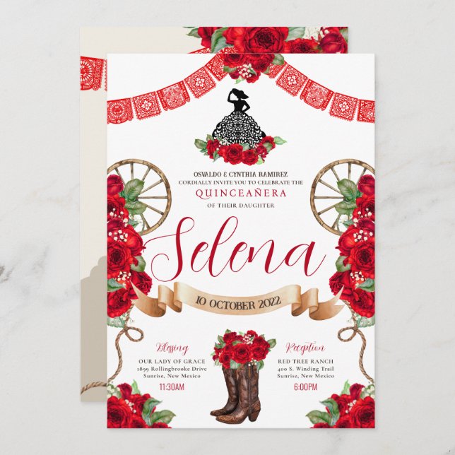 Red Charro Quinceanera Papel Picado Western Roses Invitation (Front/Back)