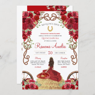 Red Charro Rustic Western Floral Quinceañera Invitation